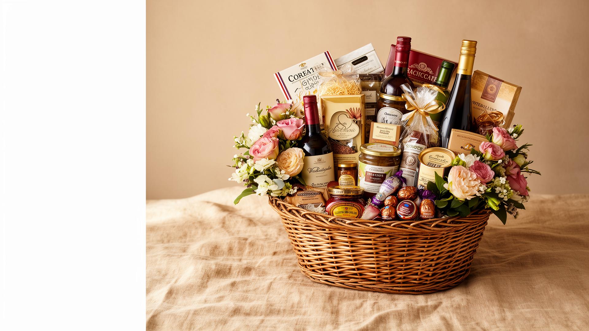 An artisan gift basket overflowing with gourmet treats and fresh flowers