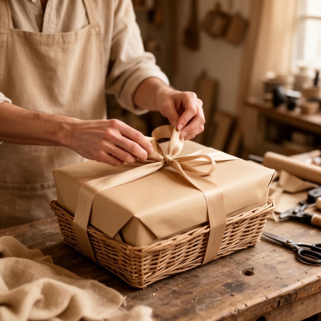 Hands wrapping an artisan gift basket with ribbon